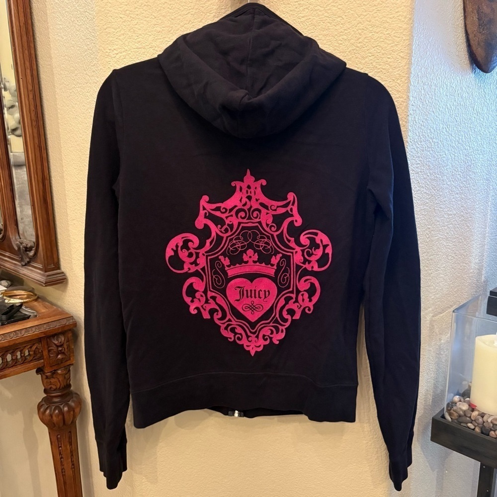 Vtg Juicy Couture Pink Velvet Graphic Y2K Black Zipped Hoodie Jacket Size Large